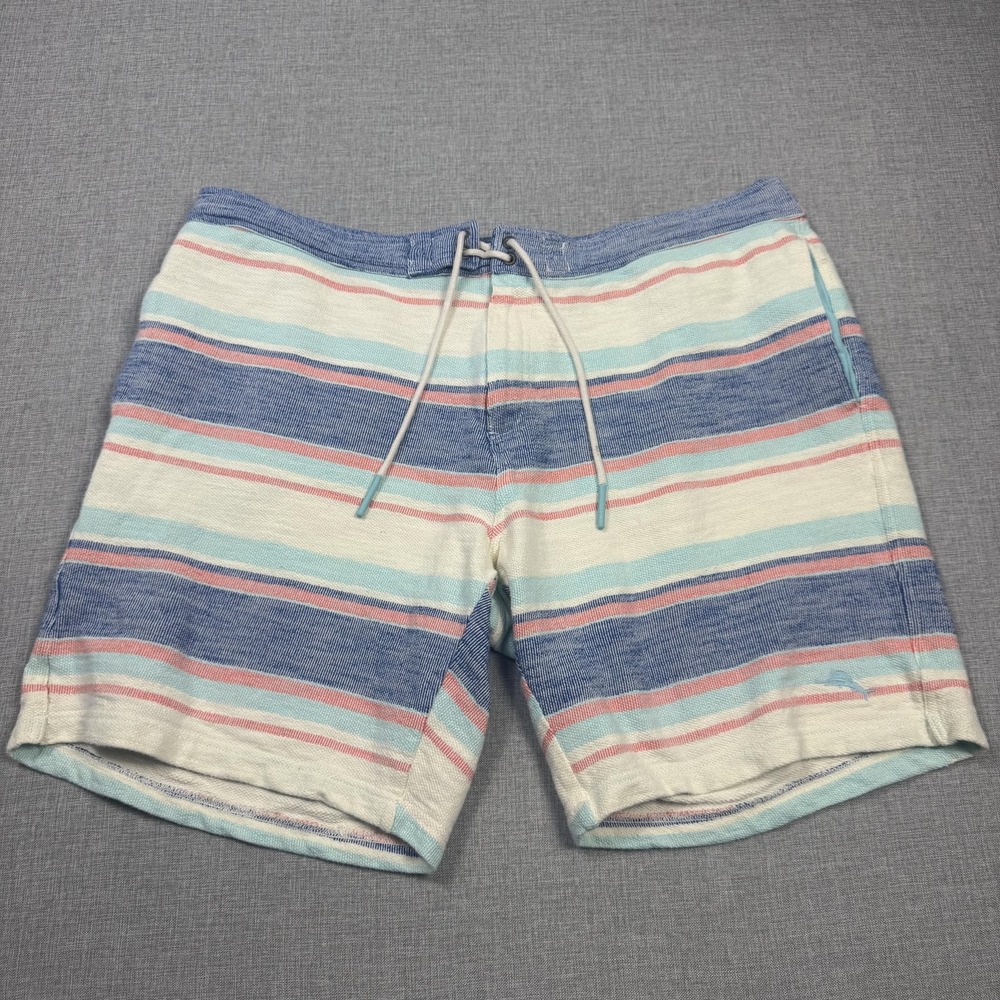Tommy Bahama Boho Sweat Shorts Mens 2XL Blue Cotton Striped Drawstring 8" Inseam